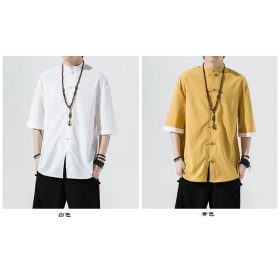Traditional Chinese Men's Clothing Chinese Style Tang Suit Hanfu Tea Clothes New Year Annual Ice Silk Male Youth Summer Trend Loose Short - Yellow - Image 3