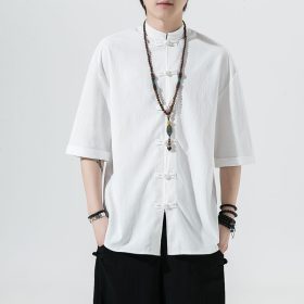 Traditional Chinese Men's Clothing Chinese Style Tang Suit Hanfu Tea Clothes New Year Annual Ice Silk Male Youth Summer Trend Loose Short - White - Image 1