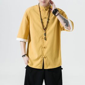 Traditional Chinese Men's Clothing Chinese Style Tang Suit Hanfu Tea Clothes New Year Annual Ice Silk Male Youth Summer Trend Loose Short - Yellow - Image 1
