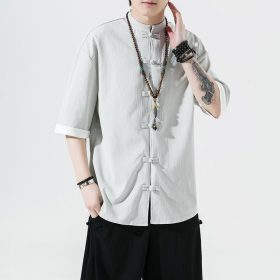 Traditional Chinese Men's Clothing Chinese Style Tang Suit Hanfu Tea Clothes New Year Annual Ice Silk Male Youth Summer Trend Loose Short - Gray - Image 1