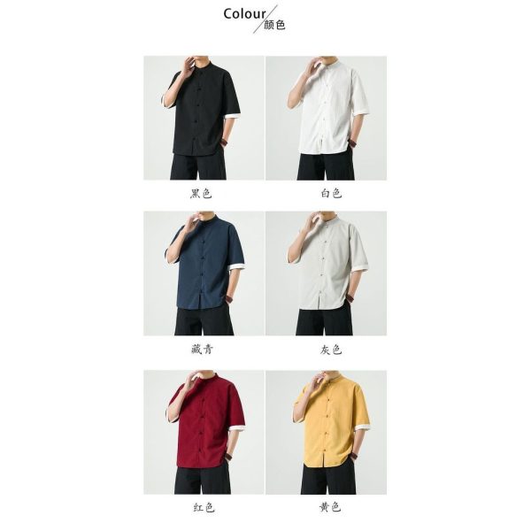 Men's Flax Jacquard Long Sleeve Shirt in China Retro Tops - Gray