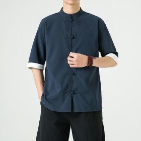 Men's Flax Jacquard Long Sleeve Shirt in China Retro Tops - Dark Blue - Image 3