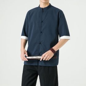 Men's Flax Jacquard Long Sleeve Shirt in China Retro Tops - Dark Blue - Image 4