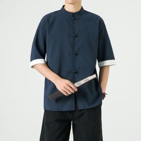 Men's Flax Jacquard Long Sleeve Shirt in China Retro Tops - Dark Blue - Image 5