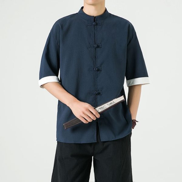 Men's Flax Jacquard Long Sleeve Shirt in China Retro Tops - Dark Blue