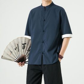 Men's Flax Jacquard Long Sleeve Shirt in China Retro Tops - Dark Blue - Image 2