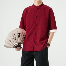Men's Flax Jacquard Long Sleeve Shirt in China Retro Tops - Red - Image 2