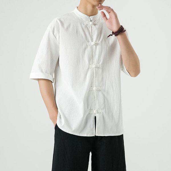 Men's Flax Jacquard Long Sleeve Shirt in China Retro Tops - White