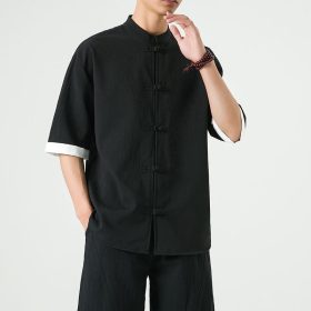 Men's Flax Jacquard Long Sleeve Shirt in China Retro Tops - Black - Image 1