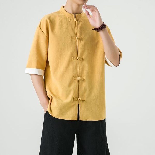 Men's Flax Jacquard Long Sleeve Shirt in China Retro Tops - Yellow