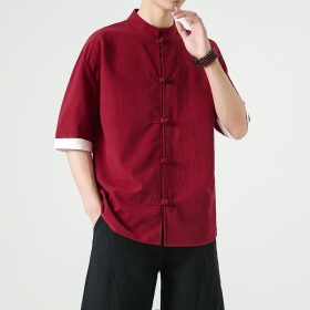 Men's Flax Jacquard Long Sleeve Shirt in China Retro Tops - Red - Image 1