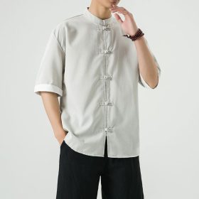 Men's Flax Jacquard Long Sleeve Shirt in China Retro Tops - Gray - Image 1