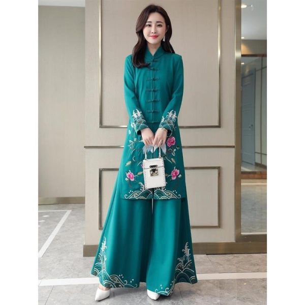2025 Spring Autumn New Chinese Ethnic Royal Sister Suit Pants Women Cheongsam Wide-Leg Pants Two-Piece Suit - Green
