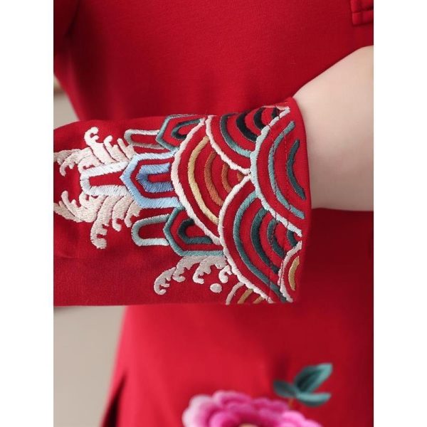 2025 Spring Autumn New Chinese Ethnic Royal Sister Suit Pants Women Cheongsam Wide-Leg Pants Two-Piece Suit - Red