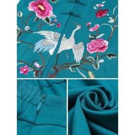 2025 Spring Autumn New Chinese Ethnic Royal Sister Suit Pants Women Cheongsam Wide-Leg Pants Two-Piece Suit - Green - Image 3