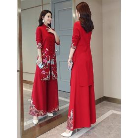 2025 Spring Autumn New Chinese Ethnic Royal Sister Suit Pants Women Cheongsam Wide-Leg Pants Two-Piece Suit - Red - Image 2