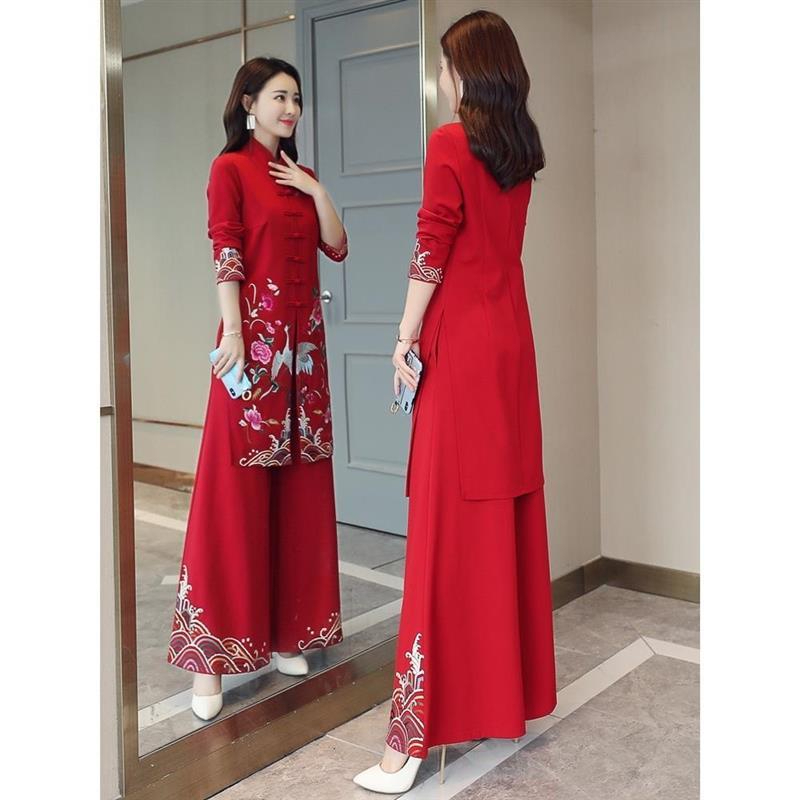 2025 Spring Autumn New Chinese Ethnic Royal Sister Suit Pants Women Cheongsam Wide-Leg Pants Two-Piece Suit - Red - Image 2
