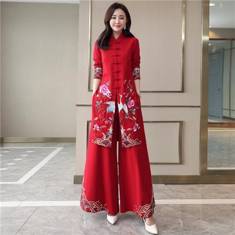 2025 Spring Autumn New Chinese Ethnic Royal Sister Suit Pants Women Cheongsam Wide-Leg Pants Two-Piece Suit - Red