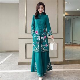 2025 Spring Autumn New Chinese Ethnic Royal Sister Suit Pants Women Cheongsam Wide-Leg Pants Two-Piece Suit - Green - Image 1
