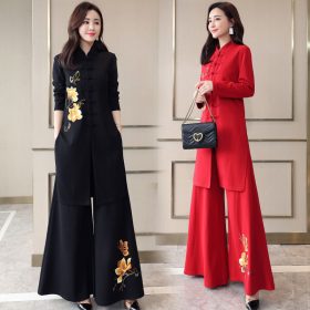 Cheongsam Wide-Leg Pants Set Female Spring Royal Sister Fashion Chinese Ethnic Temperament Goddess Fan Two-Piece Set - Black - Image 4