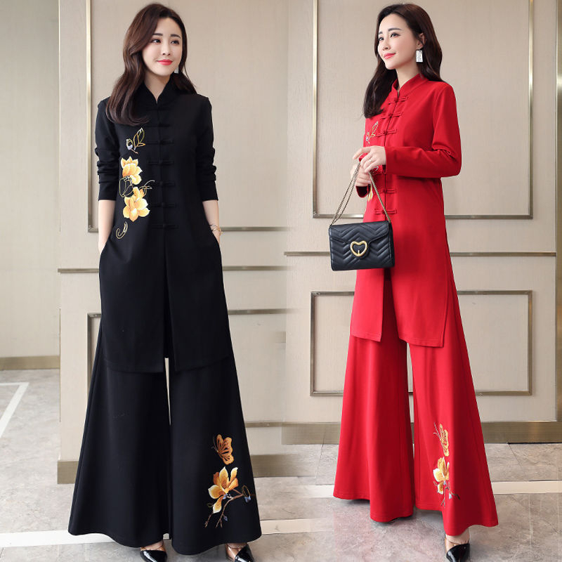 Cheongsam Wide-Leg Pants Set Female Spring Royal Sister Fashion Chinese Ethnic Temperament Goddess Fan Two-Piece Set - Black - Image 4