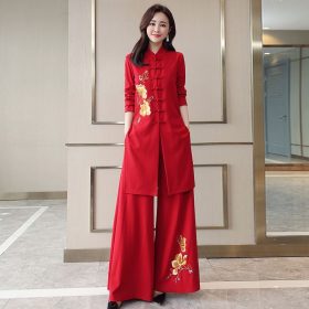Cheongsam Wide-Leg Pants Set Female Spring Royal Sister Fashion Chinese Ethnic Temperament Goddess Fan Two-Piece Set - Red - Image 1