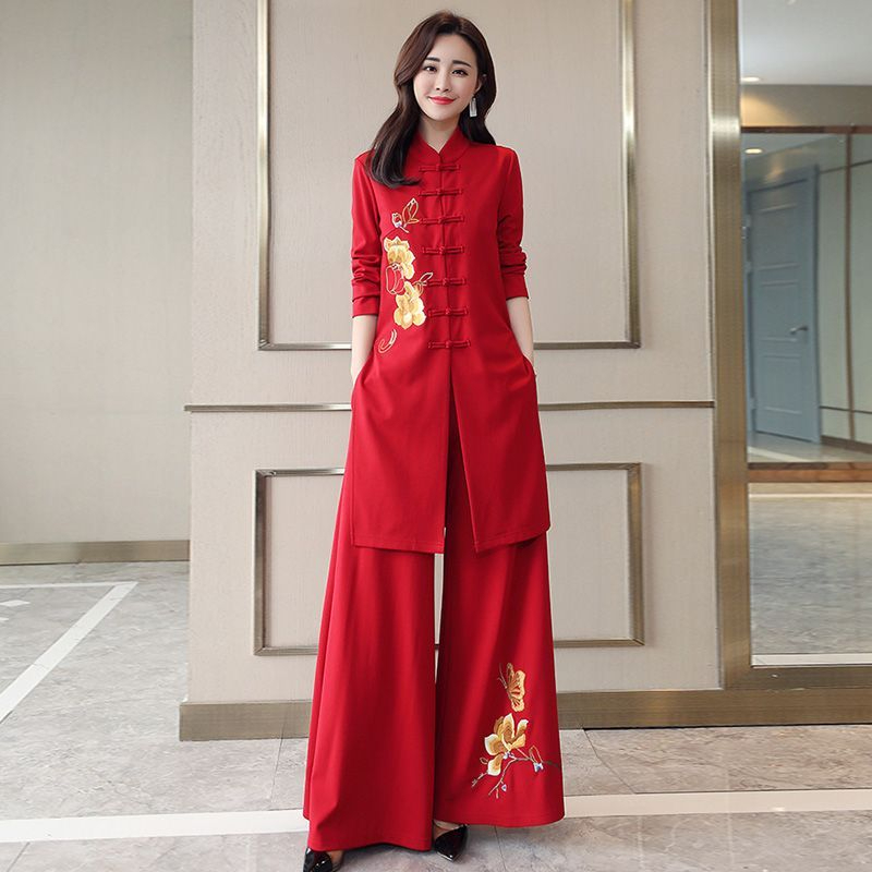 Cheongsam Wide-Leg Pants Set Female Spring Royal Sister Fashion Chinese Ethnic Temperament Goddess Fan Two-Piece Set - Red - Image 1