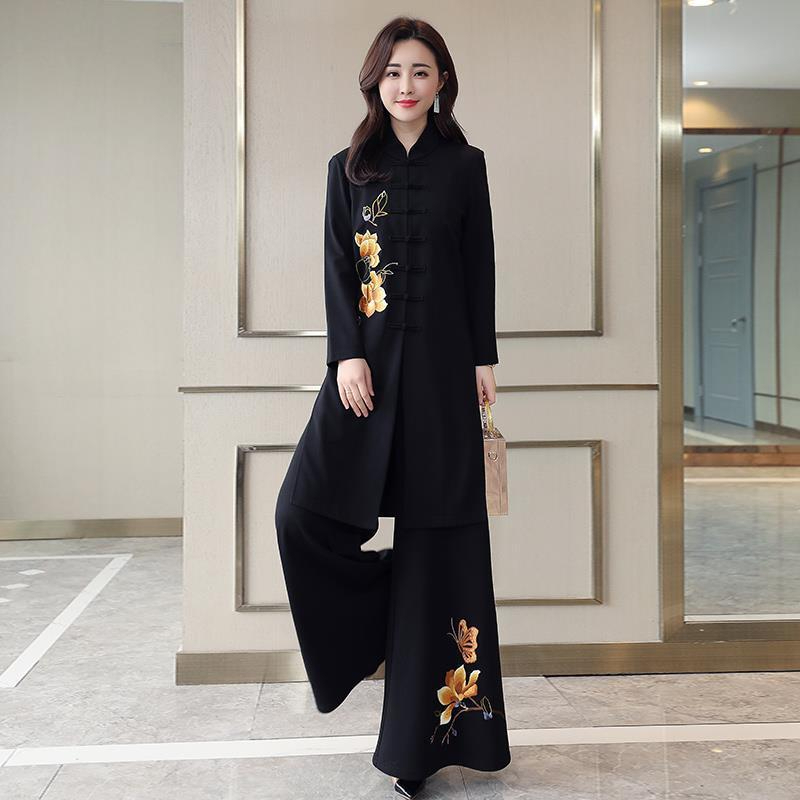 Cheongsam Wide-Leg Pants Set Female Spring Royal Sister Fashion Chinese Ethnic Temperament Goddess Fan Two-Piece Set - Black - Image 2