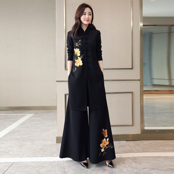 Cheongsam Wide-Leg Pants Set Female Spring Royal Sister Fashion Chinese Ethnic Temperament Goddess Fan Two-Piece Set - Black