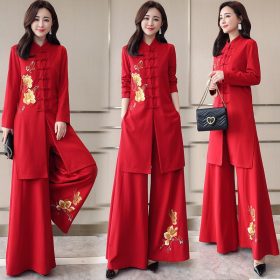 Cheongsam Wide-Leg Pants Set Female Spring Royal Sister Fashion Chinese Ethnic Temperament Goddess Fan Two-Piece Set - Red - Image 2