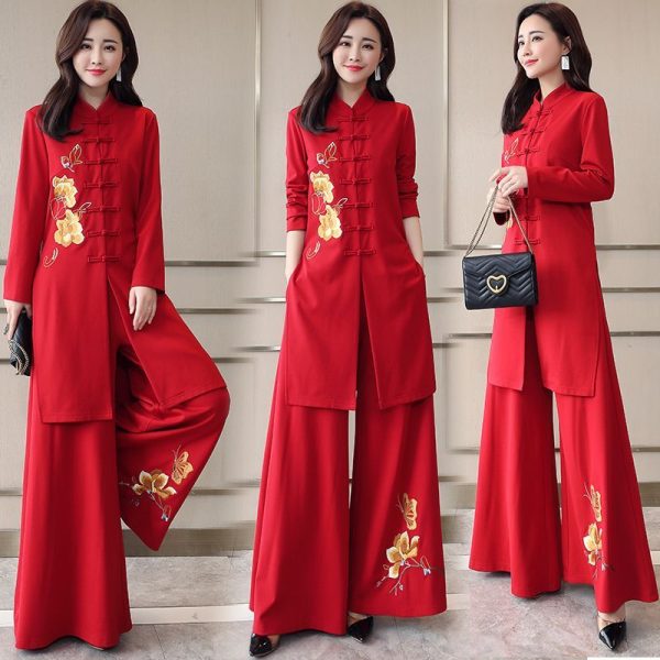 Cheongsam Wide-Leg Pants Set Female Spring Royal Sister Fashion Chinese Ethnic Temperament Goddess Fan Two-Piece Set - Red