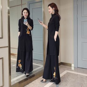 Cheongsam Wide-Leg Pants Set Female Spring Royal Sister Fashion Chinese Ethnic Temperament Goddess Fan Two-Piece Set - Black - Image 3