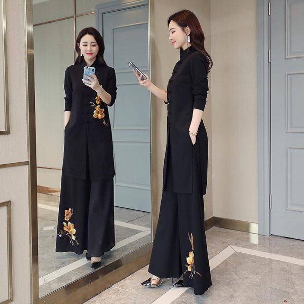 Cheongsam Wide-Leg Pants Set Female Spring Royal Sister Fashion Chinese Ethnic Temperament Goddess Fan Two-Piece Set - Black