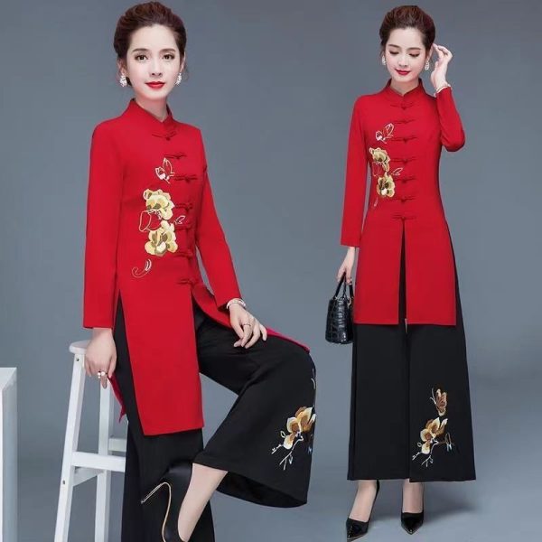 Cheongsam Wide-Leg Pants Set Female Spring Royal Sister Fashion Chinese Ethnic Temperament Goddess Fan Two-Piece Set - Red