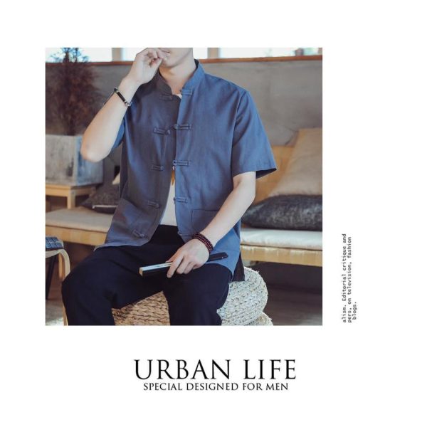 Men's Flax Jacquard Long Sleeve Shirt in China Retro Tops - Khaki