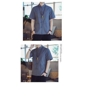 Men's Flax Jacquard Long Sleeve Shirt in China Retro Tops - Khaki - Image 7