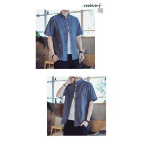 Men's Flax Jacquard Long Sleeve Shirt in China Retro Tops - Khaki - Image 6