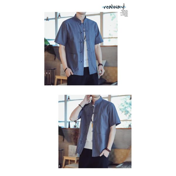 Men's Flax Jacquard Long Sleeve Shirt in China Retro Tops - Khaki