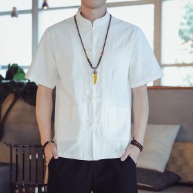 Men's Flax Jacquard Long Sleeve Shirt in China Retro Tops - White - Image 1