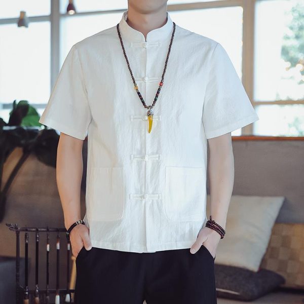 Men's Flax Jacquard Long Sleeve Shirt in China Retro Tops - White