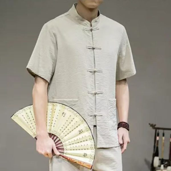 Men's Flax Jacquard Long Sleeve Shirt in China Retro Tops - Khaki