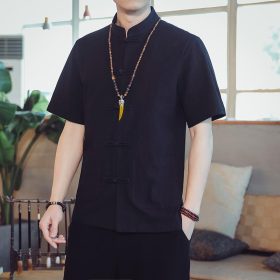 Men's Flax Jacquard Long Sleeve Shirt in China Retro Tops - Black - Image 1