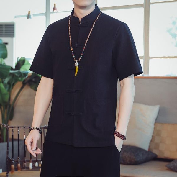 Men's Flax Jacquard Long Sleeve Shirt in China Retro Tops - Black