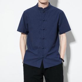 Men's Flax Jacquard Long Sleeve Shirt in China Retro Tops - Navy Blue - Image 1