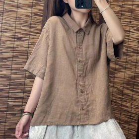 Cotton Linen Shirt Thin Summer New Art Casual Solid Color All-Match Lapel Loose Short-Sleeved Top Shirt - Khaki - Image 1