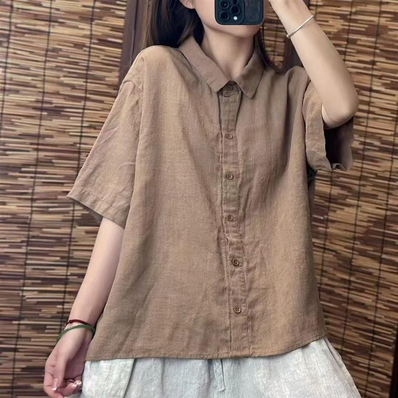 Cotton Linen Shirt Thin Summer New Art Casual Solid Color All-Match Lapel Loose Short-Sleeved Top Shirt - Khaki - Image 1