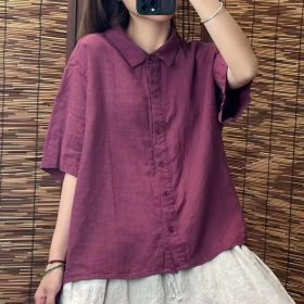 Cotton Linen Shirt Thin Summer New Art Casual Solid Color All-Match Lapel Loose Short-Sleeved Top Shirt - Purple - Image 1