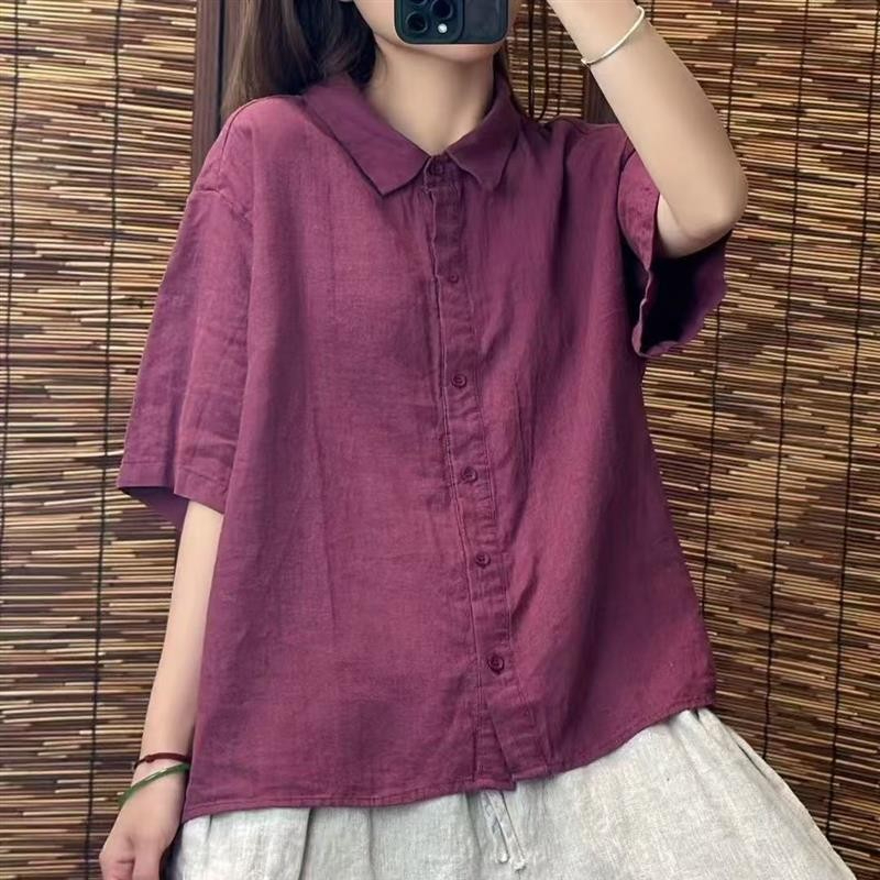 Cotton Linen Shirt Thin Summer New Art Casual Solid Color All-Match Lapel Loose Short-Sleeved Top Shirt - Purple - Image 1