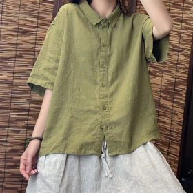Cotton Linen Shirt Thin Summer New Art Casual Solid Color All-Match Lapel Loose Short-Sleeved Top Shirt - Green - Image 1