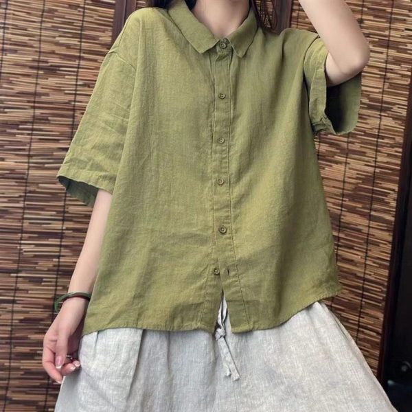 Cotton Linen Shirt Thin Summer New Art Casual Solid Color All-Match Lapel Loose Short-Sleeved Top Shirt - Green